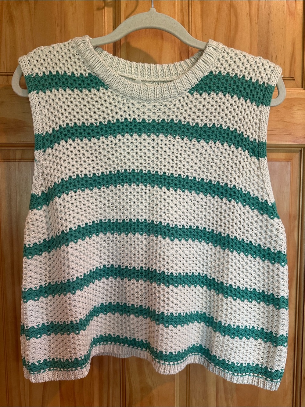 LA MIEL Cream and Teal/Green Striped Knit Sleeveless Top
